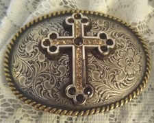 Beautiful Nocona Belt Buckle Pewter Silver Color w/ Gold Jeweled Cross  Trim