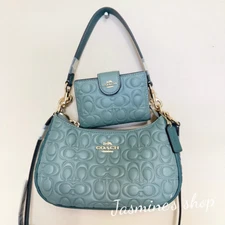 NWT COACH CY674 Teri Shoulder Bag In Blocked Signature Leather +wallet set OPT