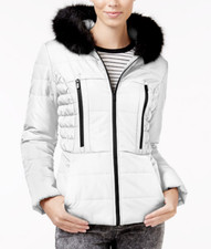 Celebrity Pink Womens Juniors Faux Fur Trim Hooded White Puffer Coat Small Nwt