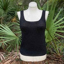 Vintage 80s Sparkling Black Knit Sleeveless Blouse Tank Scoop Disco Gardy Size M