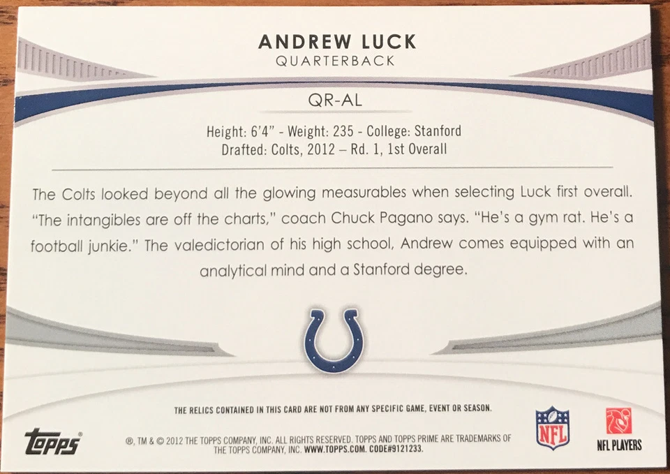 2012 Topps Prime Quad Relics Andrew Luck QR-AL Indianapolis Colts #’d 127/155 - Image 2 of 2