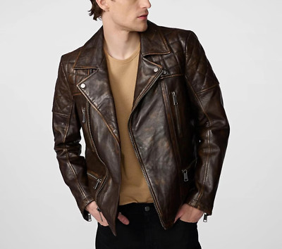 Men's Premium Vintage Distressed Leather Brown Quilted Motorcycle Fashion Jacket