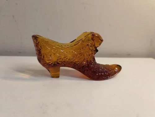 Vintage Fenton Art Glass Amber Slipper Shoe Daisy Button With Cat Head Design