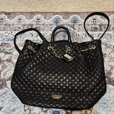 GUESS Quilted Black Faux Leather Backpack - Gold Chain 