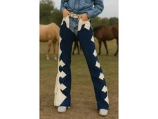 Women’s Cowhide Leather Cowgirl Chap Blue White Fringe Western Horse Riding Pant