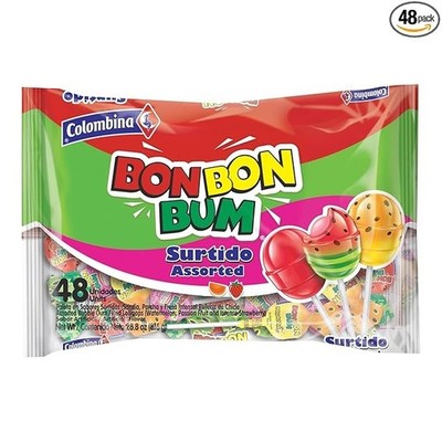 Colombina Bon Bon Bum Assorted Fruit Lollipops   Hard Candy, Individually Wrappe