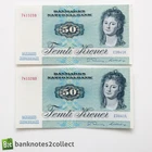 DENMARK: 2 x 50 Danish Krone Banknotes with Consecutive Serial Numbers.