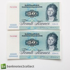 DENMARK: 2 x 50 Danish Krone Banknotes with Consecutive Serial Numbers.
