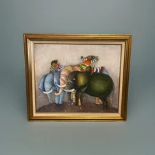 Joyce Roybal Oil On Canvas Painting Elephants & 3 Persons, Framed (Rare)