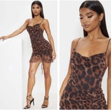 Pretty Little Thing Leopard Print Mesh Mini Dress Ruched Size 8 Going Out Dress