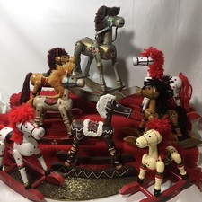 Vintage Lot of 8 Rocking Horse Christmas Wood Decor Large Medium Wooden