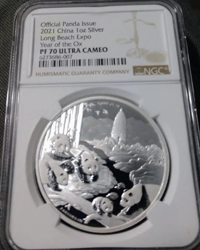 China 2021 Silver 1oz Panda, Long Beach Expo,  Lunar year of the Ox,  NGC PF70
