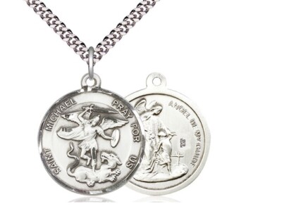 St Michael Sterling Silver Pendant on a 24" Light Rhodium Heavy Curb ...