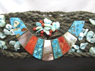 VTG Woven Rope, Beaded & Turquoise Mother of Pearl & Coral  display picture 1