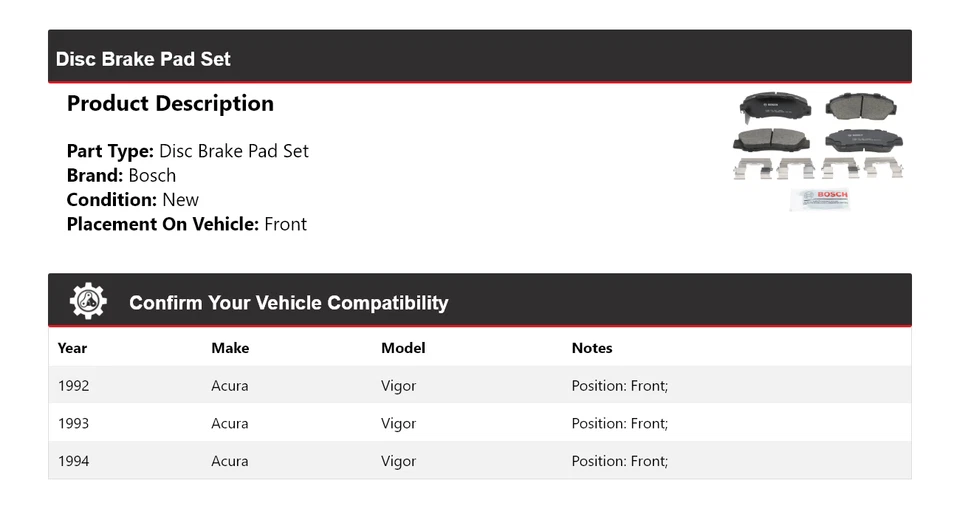Pastillas de freno delanteras de cerámica QuietCast 1993 para Acura Vigor Bosch 1992-1994 Foto 2 de 4