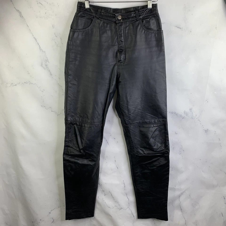 Vintage 80s Leather Pants Womens Sz 28 Black Y2k Straight Gothic Disco high rise - Image 2 of 4