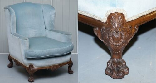 HEAVILY CARVED LION HAIRY PAW FEET VICTORIAN ARMCHAIR SKY BLUE VELVET GEORGE II - Picture 2 of 12