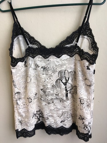 PJ Salvage Ivory + Black Lace/Trim Japanese Print Comfy Stretch Teddy/Camisole L - Picture 7 of 7