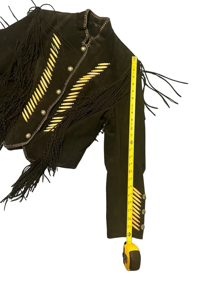 Rare Cripple Creek Fringe Western Military Suede Leather Black Jacket - Image 4 of 4