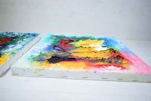 European Art Two Abstract Oil Paintings Multi Color Technique Canvas - Picture 6 of 10