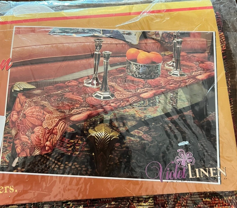 New NIP Fall Collection Table Runner 13" X 70” Tapestry Orange Pumpkins Tassels - Image 3 of 4