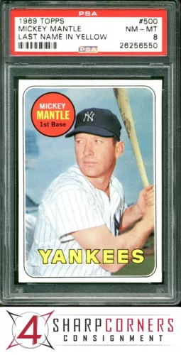 1969 TOPPS #500 MICKEY MANTLE YANKEES HOF LAST NAME IN YELLOW PSA 8