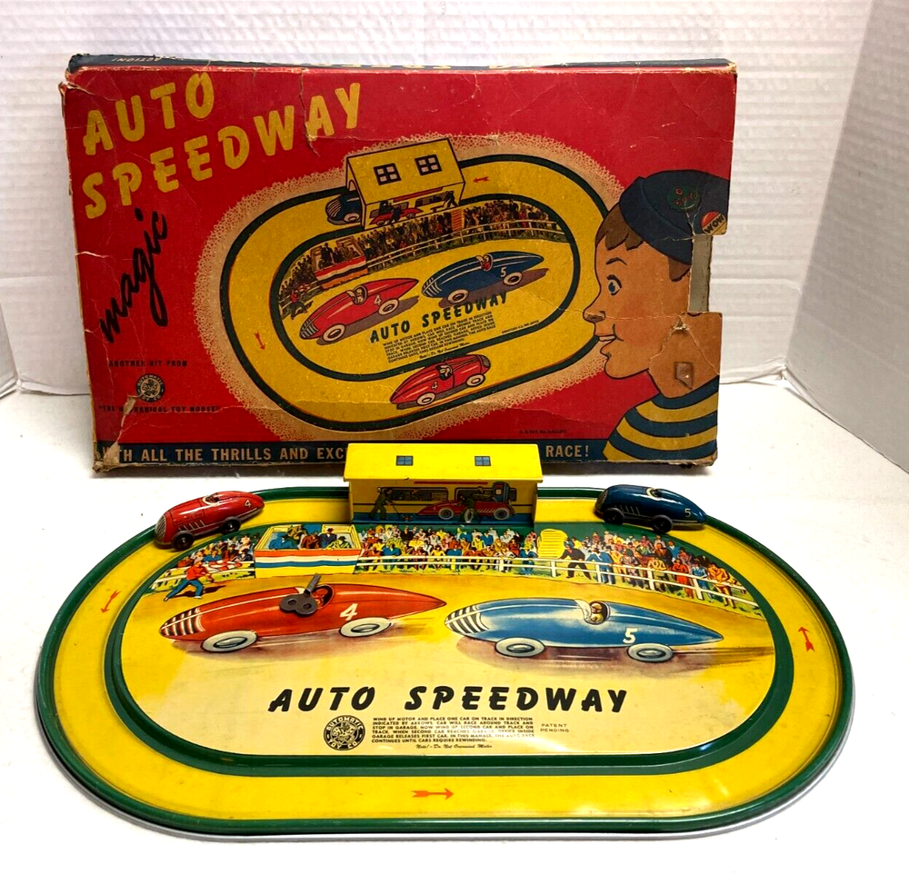 1950's Automatic Toys AUTO SPEEDWAY Tin Litho Track 2 Cars Key Original Box VG