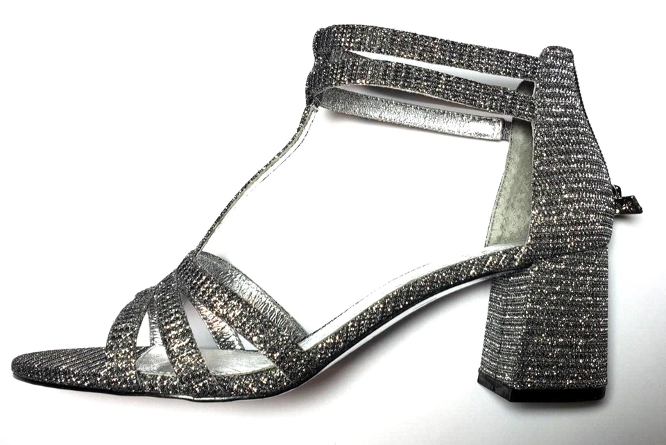 Adrianna Papell Talla 7.5 Brillante Brillo Plata Tacón Bloque, Zapatos de Noche ~ NUEVO Foto 3 de 4