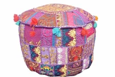  Indian Patchwork Round Pouf Ottoman Cover Foot Stool Moroccan Pouffe Cover 22''