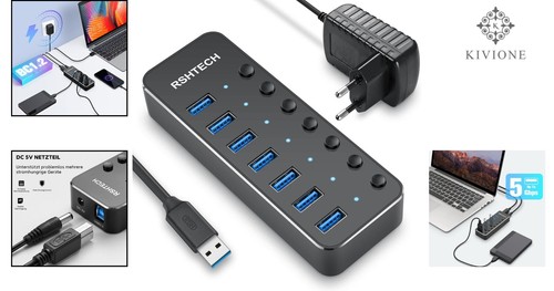 Aktiver Aluminium USB 3.0 Hub 7 Anschlüsse mit Netzteil hohe Datenübertragung... - Bild 2 von 11