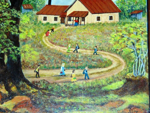 Nice, Folk Art Oil Painting   "Way to  School"  Julia Seay age 81, dated  1995 - Afbeelding 6 van 10