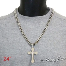 24"Stainless Steel 9mm Silver Cuban Curb Link Chain Necklace CZ Cross Pendant*BS