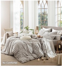 Gingham Duvet Cover Set 100 Washed Cotton, Tannish Linen Grey, Twin 68"x90"