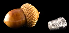 Thimble Case w/ Sterling Silver Thimble. Hand-Carved , Acorn-Shaped Coquilla Nut