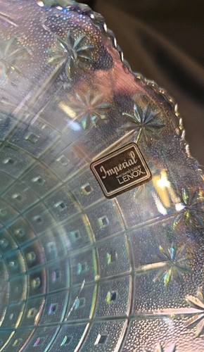 Imperial Lenox Glass Blue Iridescent Flower Block Design Scalloped Edge Vase - Picture 5 of 6