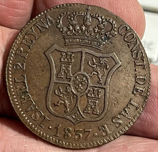 Cincin19"ISABEL 2ª Preciosa Gran moneda de 6 CUARTOS 1837(Color Original)32mm