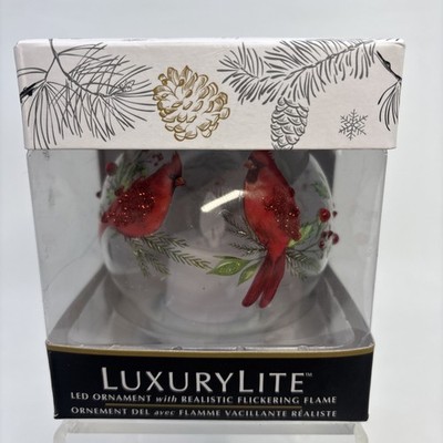 Luxury Lite Red Cardinals LED Ornament With Realistic Flickering Flame FREE SHIP