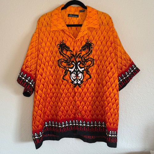 Vintage Y2K No Boundaries 2XL Orange Flame Dragon Hit Button Up Shirt Skater Grunge