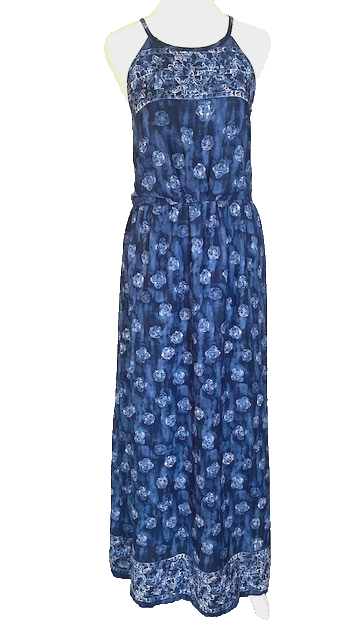 Maxi Blouson Boho Halter Dress by One Clothing Women’s L Blue White Beach Summer