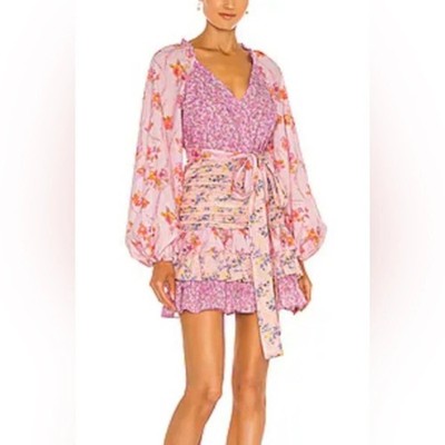For Love Bell Womens Pink Floral V-Neck Long Sleeve Ruffled Tiered Mini Dress S