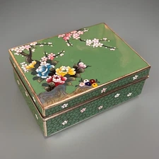 Meji Era Antique Inaba Signed Lidded Japanese Cloisonné Box Cherry Blossom 5"