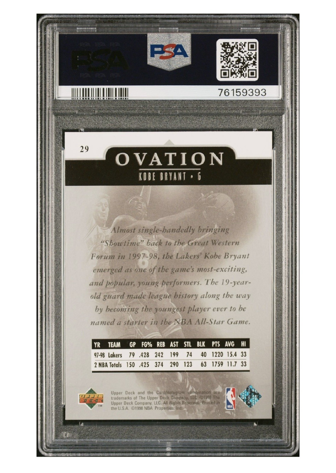 1998 UD OVATION #29 KOBE BRYANT LAKERS HOF PSA 8 view 4