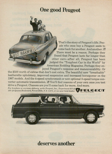 1967 Peugeot Sedan for Marriage & Wagon for Family Come Back Original Print Ad
