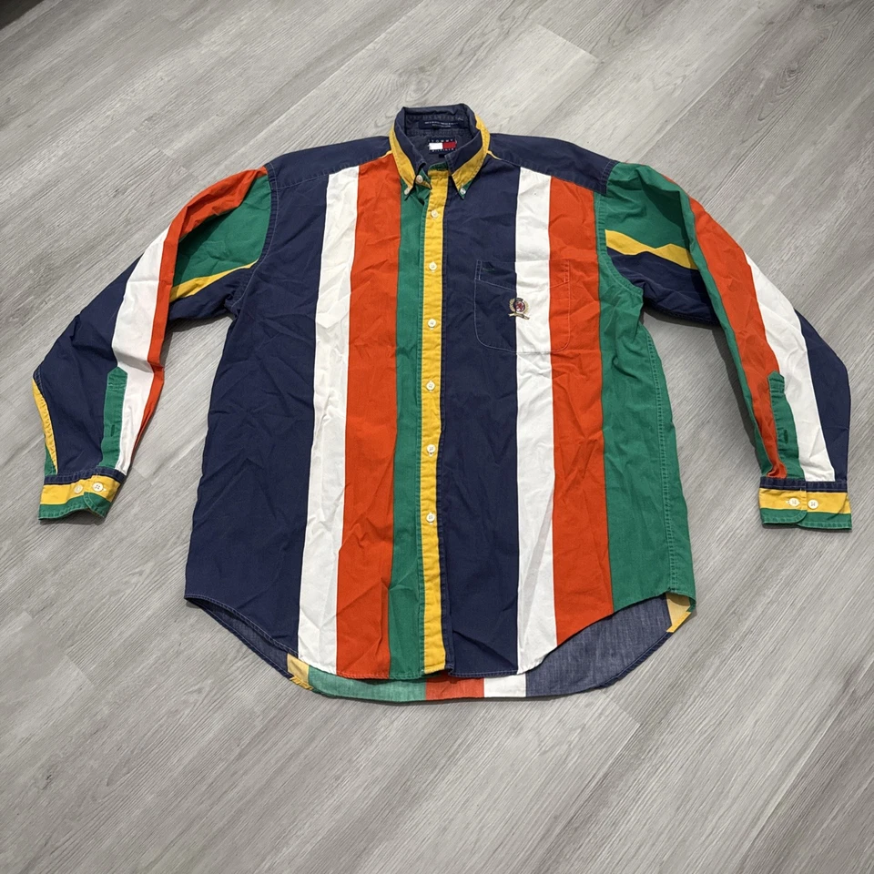 复古 Tommy Hilfiger 衬衫男式 M 条纹拼色纽扣长袖 — 第 3/4 张图片