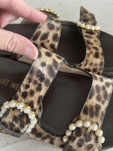 Stuart Weitzman Piper Slide Sandals Pearly Buckle Cream Cheetah Cal Hair Sz 7 - Picture 4 of 10