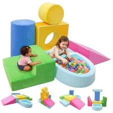 Teckid Toddler Climbing Toys, 7-Piece Colorful Foam Blocks, Indoor Soft Yellow