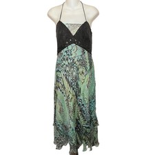 Y2K LAUNDRY Shelli Segal Silk Chiffon Beaded Asymmetric Dress Medium 8 10 Green