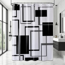 Black White Grey Geometric Mens 70x84 In Fabric Shower Curtain Hooks Set