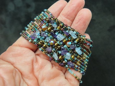 Vintage Multi Colored Multi Strand Bead Bracelet Adjustable Gem Stones