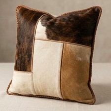 Set of 2 Brindle Cowhide Pillows Leather Braided Trim Western Home Decor Gift